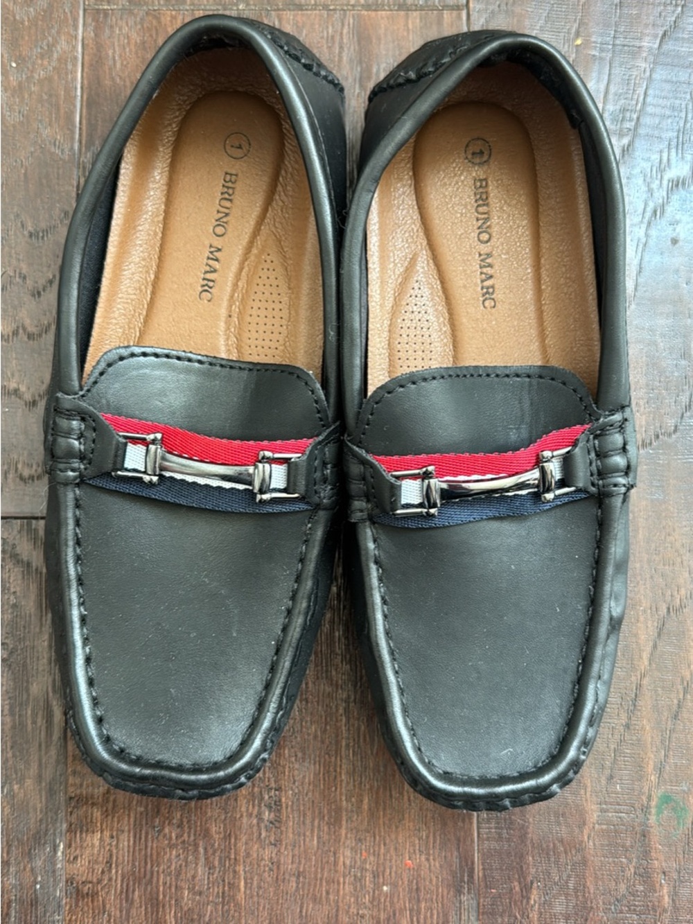 Boys Black Slip-On Loafers with Red & Navy Trim Bruno Marc NEW